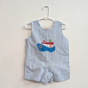 Sir John Rosalina Heirloom Romper Baby Boy 9m Blue Stripe Boat Applique Jon Jon